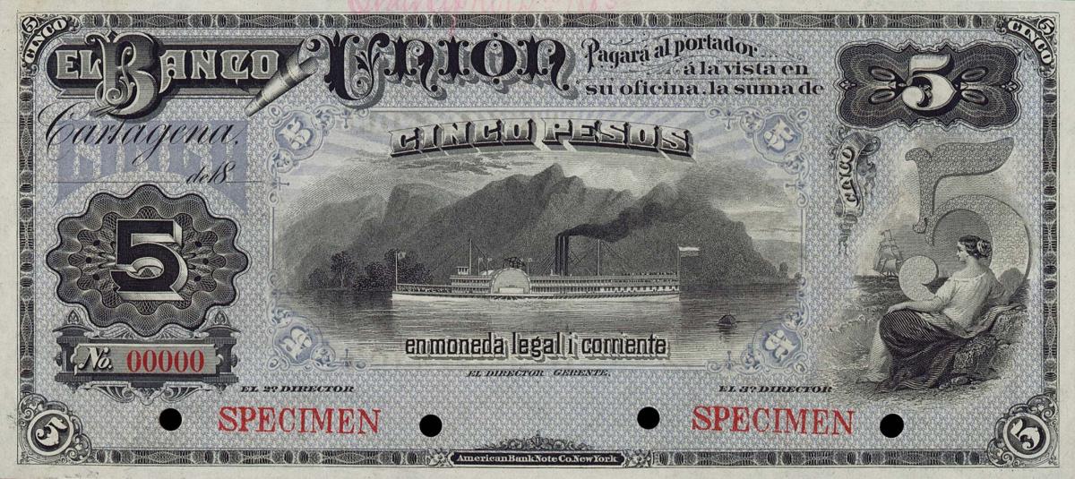Front of Colombia pS867s: 5 Pesos from 1888