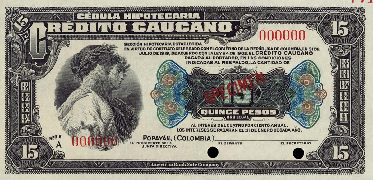 Front of Colombia pS891s: 15 Pesos from 1922