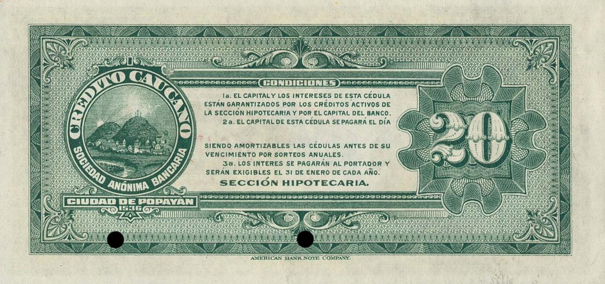 Back of Colombia pS892s: 20 Pesos from 1919