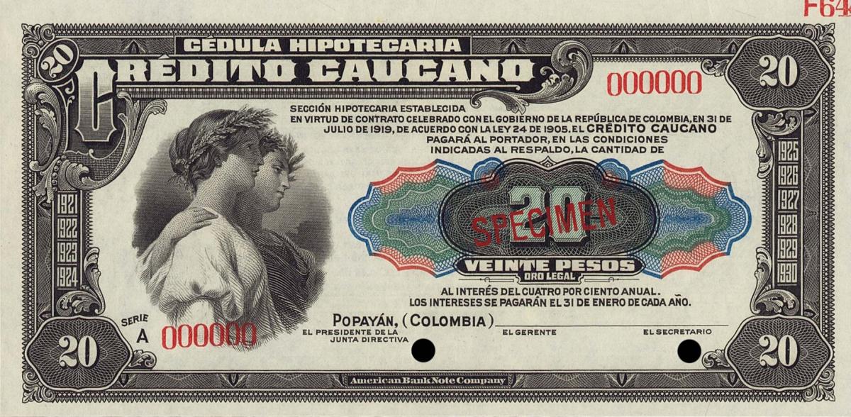 Front of Colombia pS892s: 20 Pesos from 1919