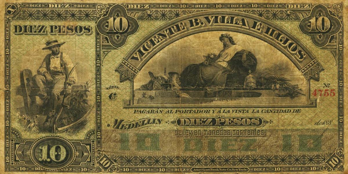 Front of Colombia pS923a: 10 Pesos from 1885