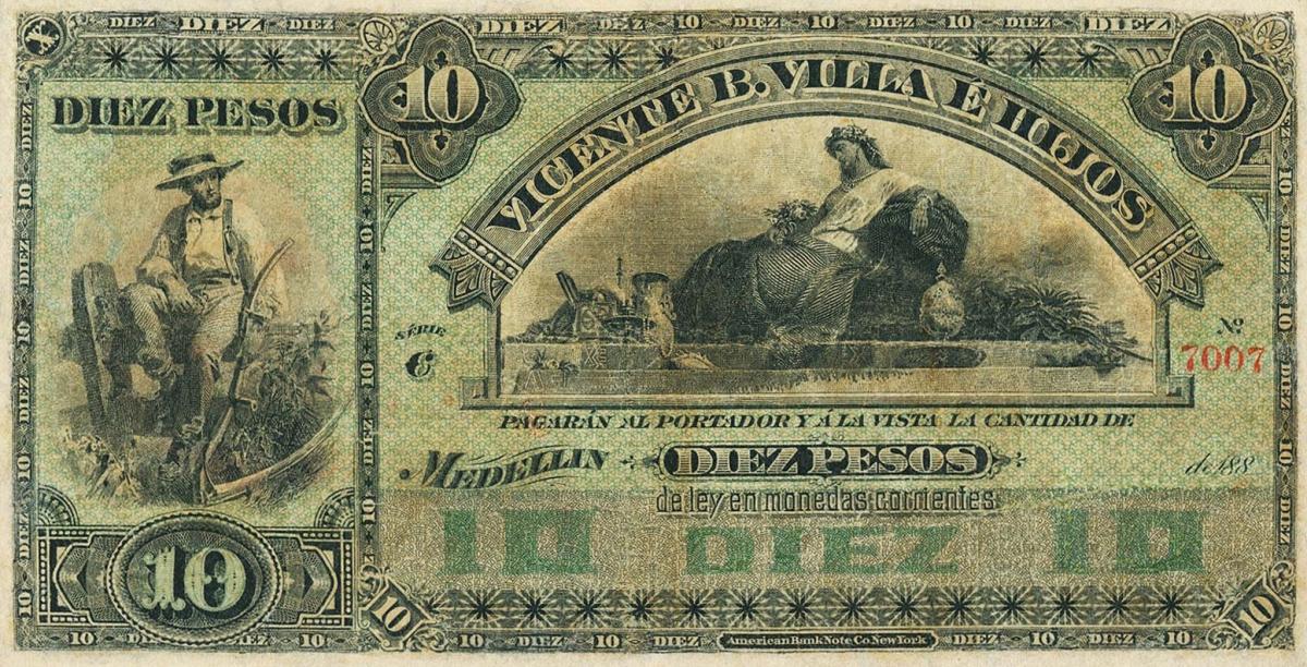 Front of Colombia pS923r: 10 Pesos from 1885