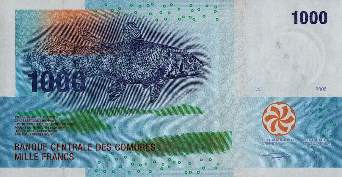 Front of Comoros p16b: 1000 Francs from 2015