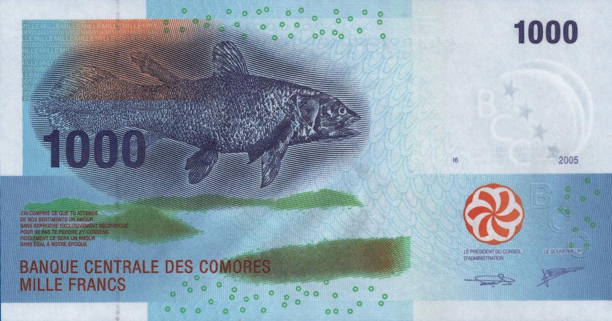 Front of Comoros p16c: 1000 Francs from 2020