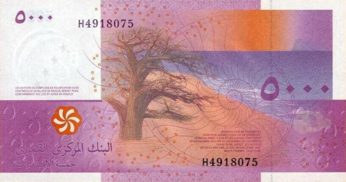 Back of Comoros p18c: 5000 Francs from 2020