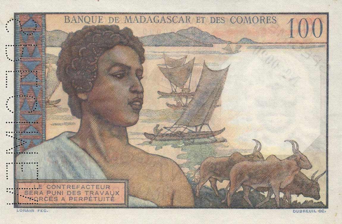 Back of Comoros p3s: 100 Francs from 1960