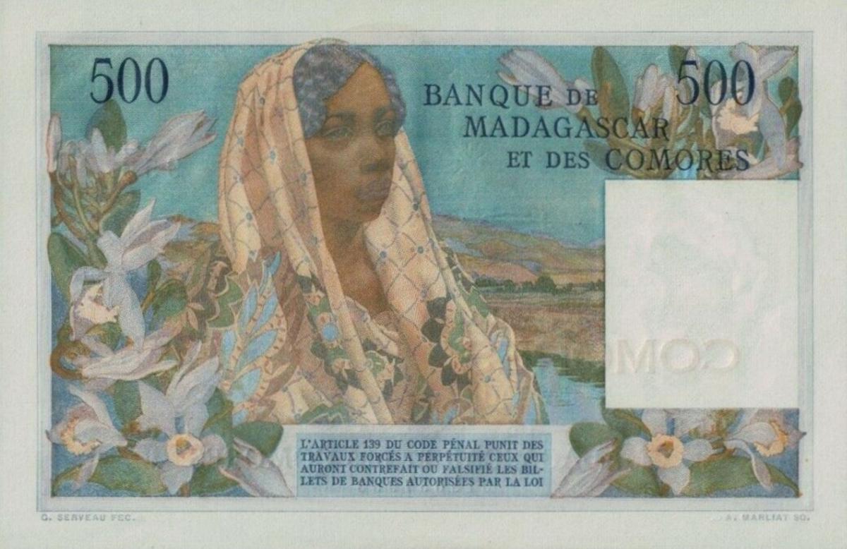 Back of Comoros p4b: 500 Francs from 1963