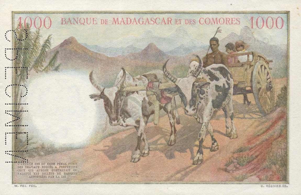 Back of Comoros p5s: 1000 Francs from 1960