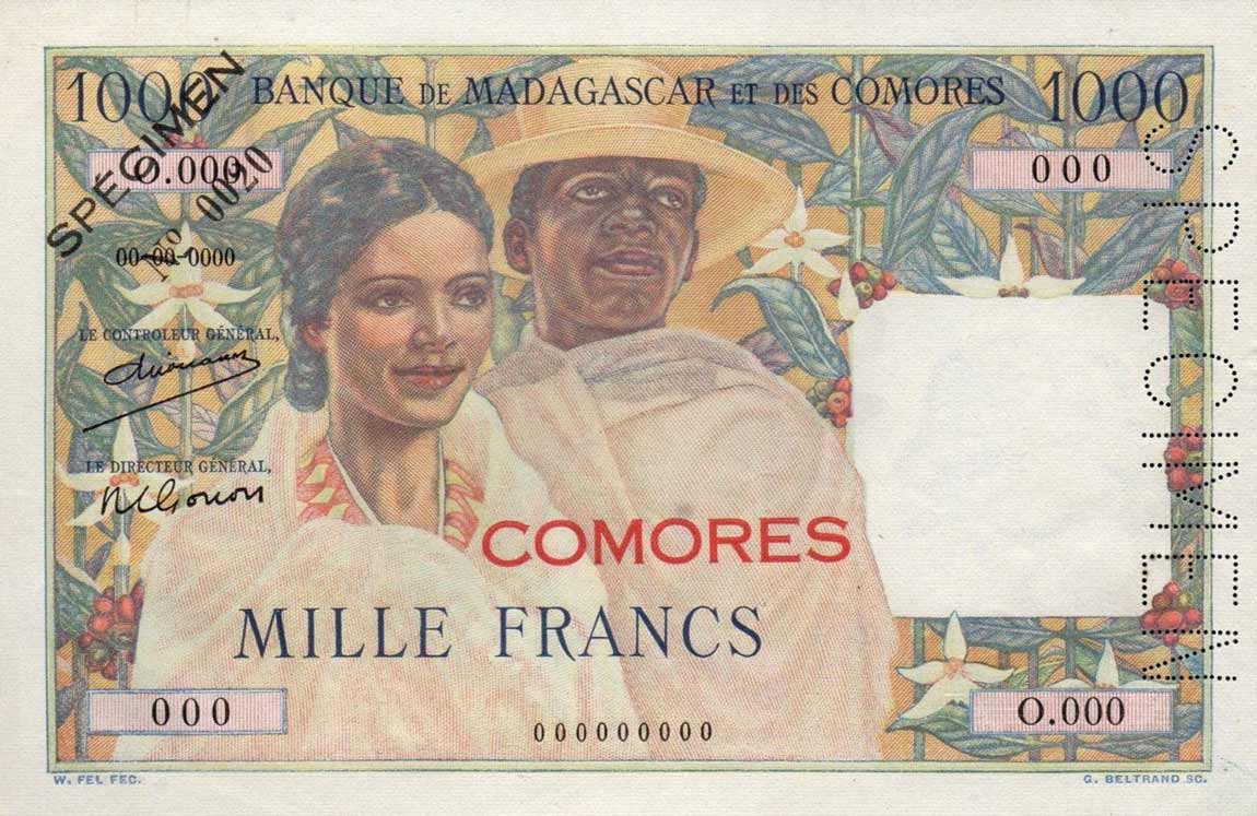 Front of Comoros p5s: 1000 Francs from 1960
