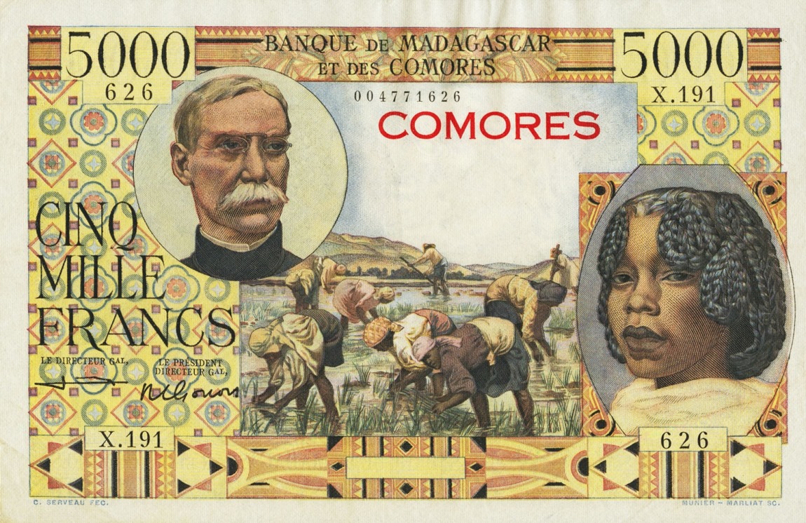 Front of Comoros p6c: 5000 Francs from 1960