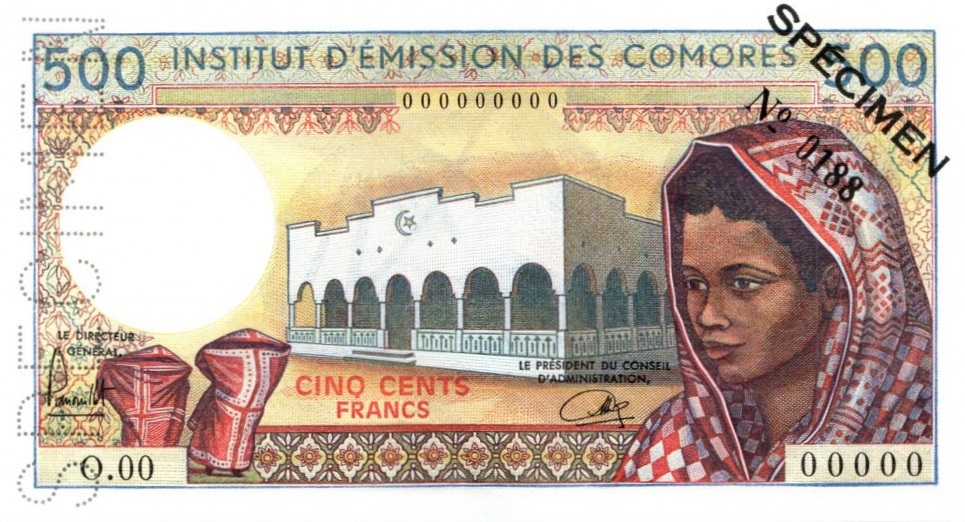 Front of Comoros p7s: 500 Francs from 1976