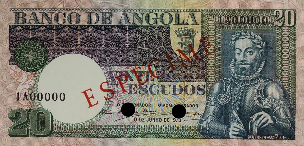 Front of Angola p104s: 20 Escudos from 1973