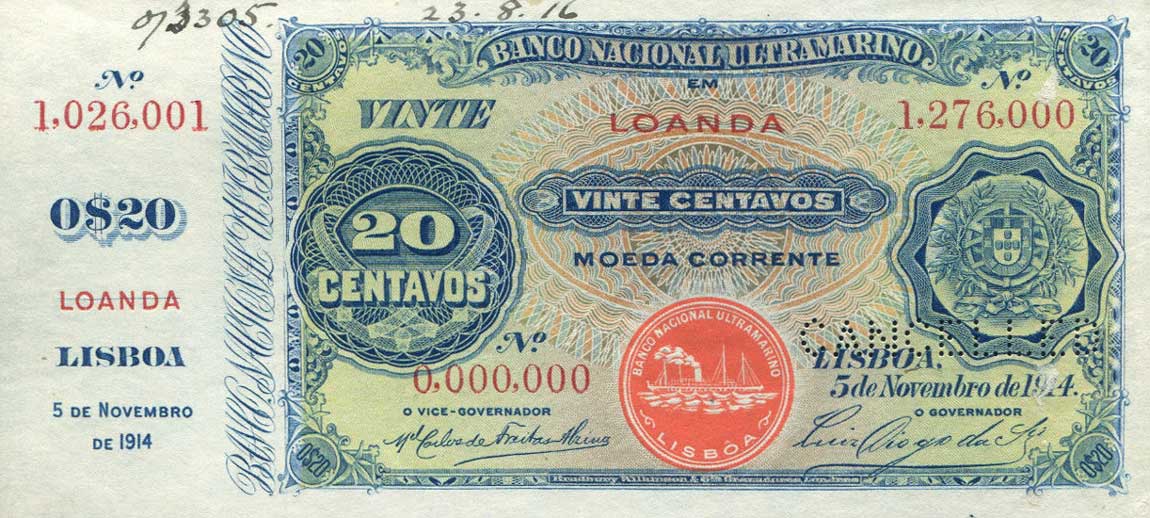 Front of Angola p42s: 20 Centavos from 1914