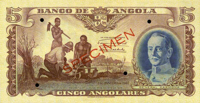 Front of Angola p77s: 5 Angolares from 1947