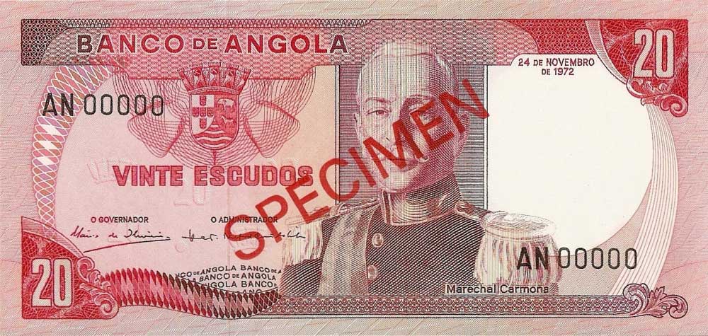 Front of Angola p99s: 20 Escudos from 1972