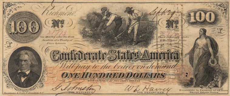 Front of Confederate States of America p45: 100 Dollars from 1862