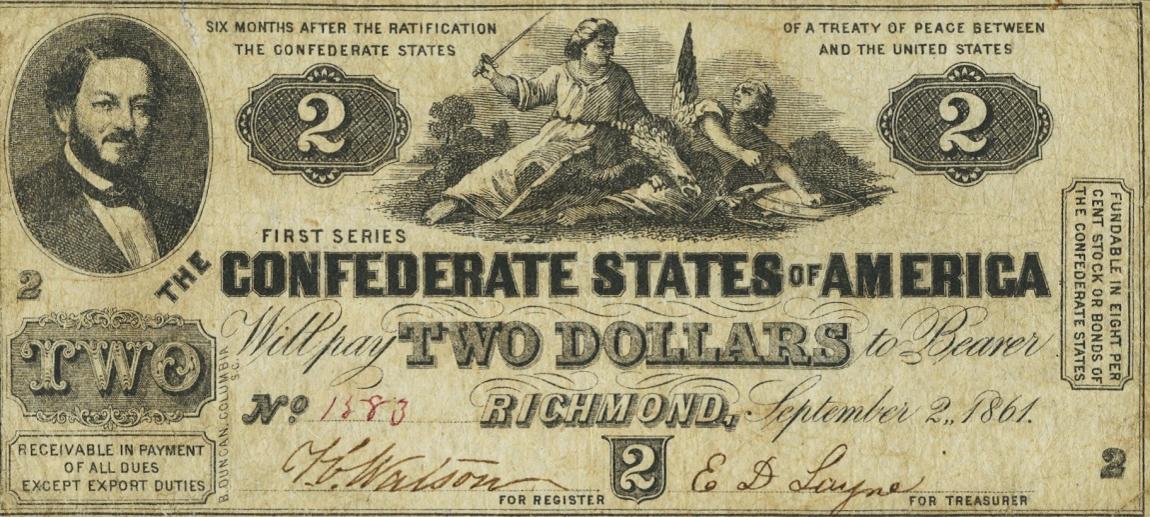 Front of Confederate States of America p13: 2 Dollars from 1861