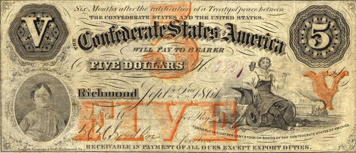 Front of Confederate States of America p15: 5 Dollars from 1861