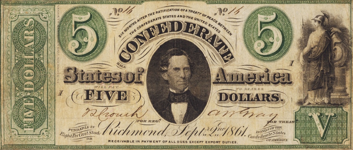 Front of Confederate States of America p16a: 5 Dollars from 1861