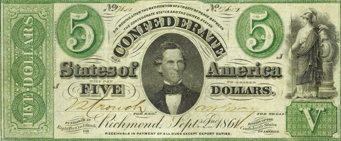 Front of Confederate States of America p16b: 5 Dollars from 1861