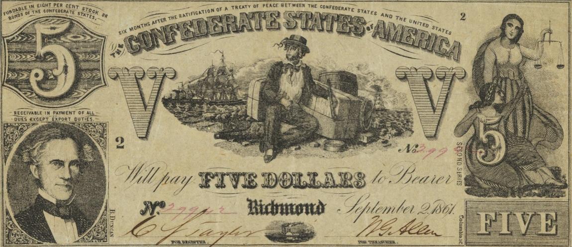 Front of Confederate States of America p20b: 5 Dollars from 1861