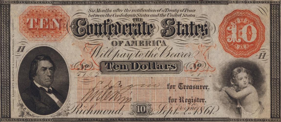 Front of Confederate States of America p23a: 10 Dollars from 1861