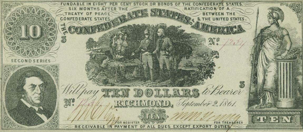 Front of Confederate States of America p29b: 10 Dollars from 1861