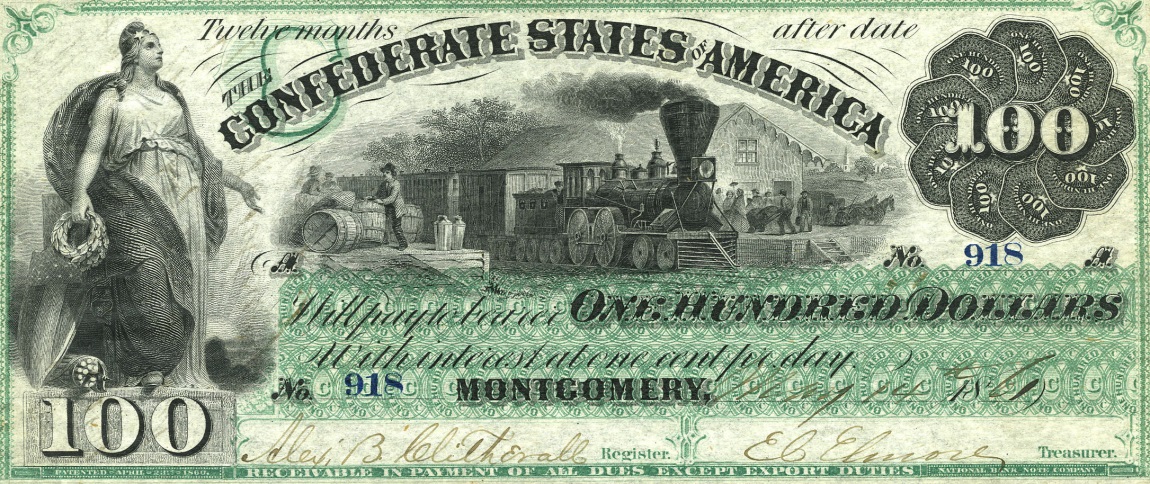 Front of Confederate States of America p2: 100 Dollars from 1861