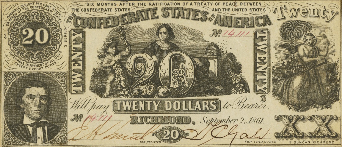 Front of Confederate States of America p33: 20 Dollars from 1861