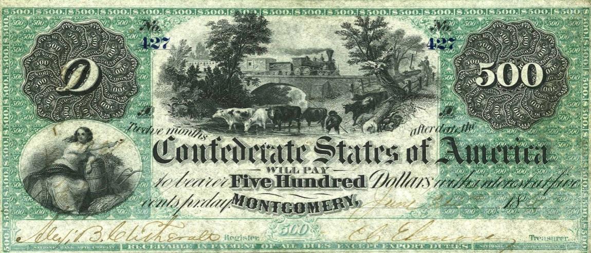 Front of Confederate States of America p3: 500 Dollars from 1861