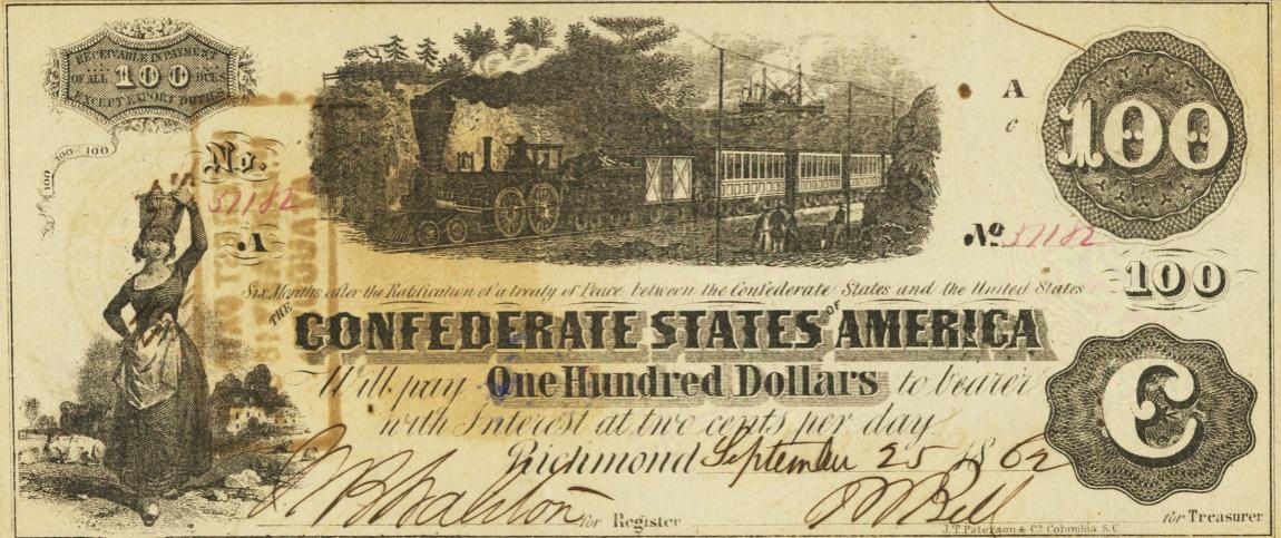 Front of Confederate States of America p44: 100 Dollars from 1862