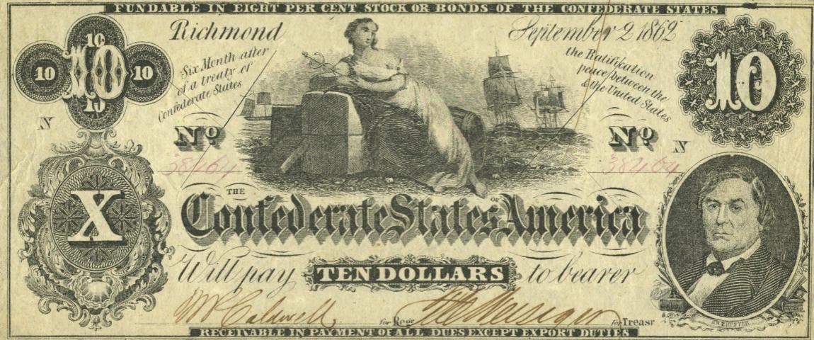 Front of Confederate States of America p46b: 10 Dollars from 1862