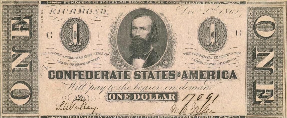 Front of Confederate States of America p49a: 1 Dollar from 1862