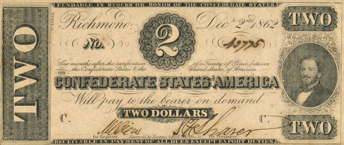 Front of Confederate States of America p50a: 2 Dollars from 1862