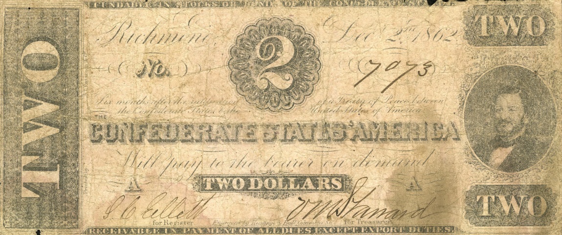 Front of Confederate States of America p50b: 2 Dollars from 1862