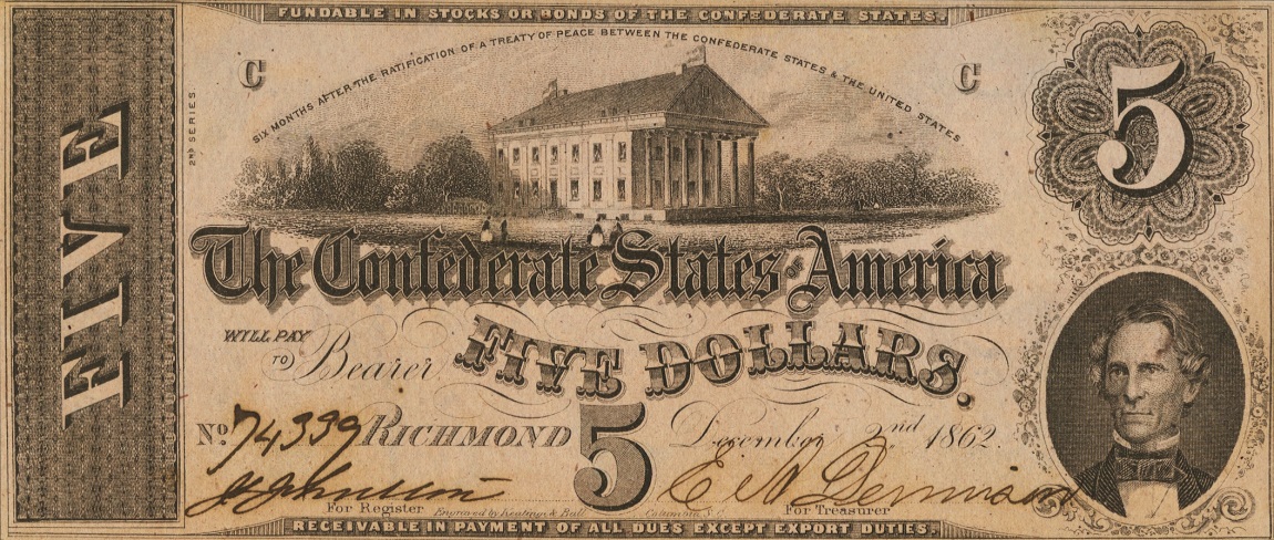 Front of Confederate States of America p51a: 5 Dollars from 1862