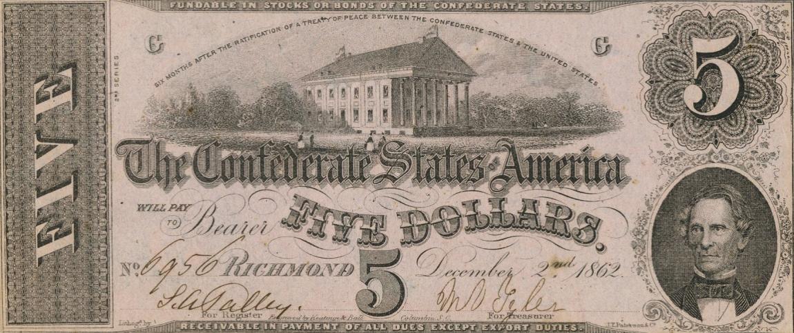 Front of Confederate States of America p51c: 5 Dollars from 1862