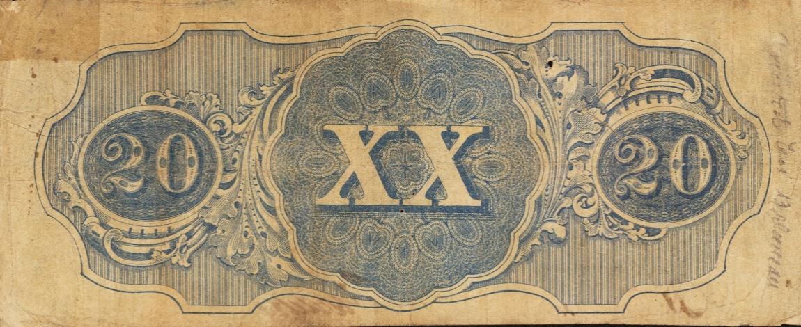 Back of Confederate States of America p53e: 20 Dollars from 1862