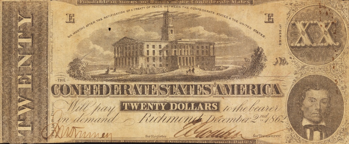 Front of Confederate States of America p53e: 20 Dollars from 1862