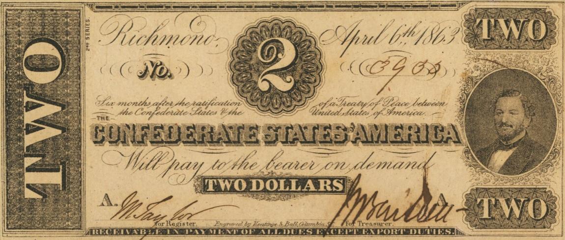 Front of Confederate States of America p58a: 2 Dollars from 1863