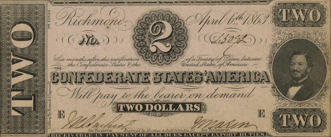 Front of Confederate States of America p58b: 2 Dollars from 1863