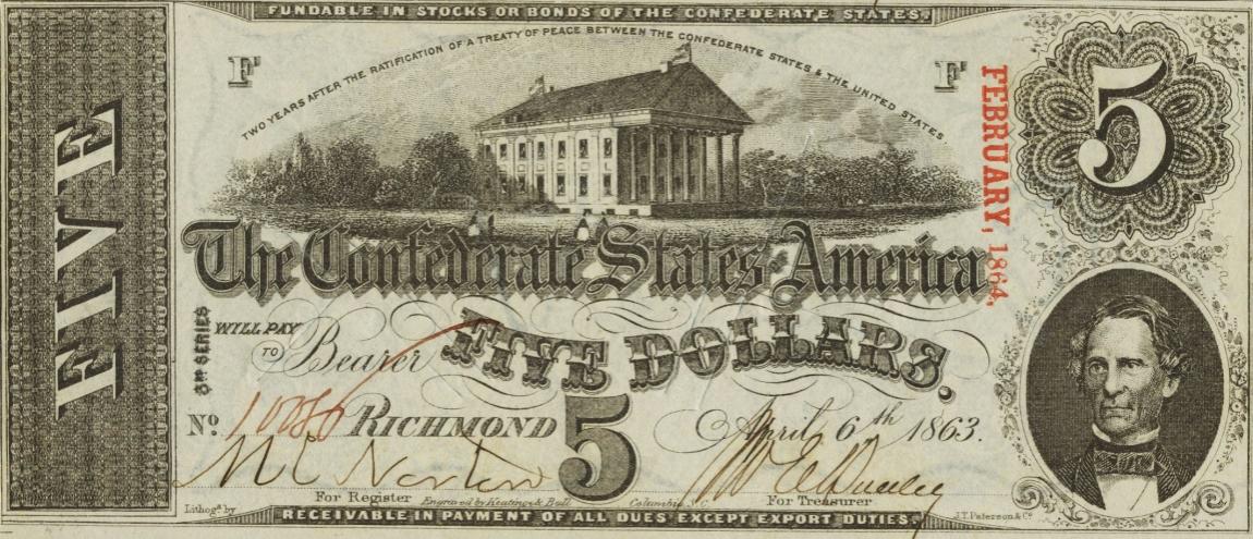 Front of Confederate States of America p59b: 5 Dollars from 1863