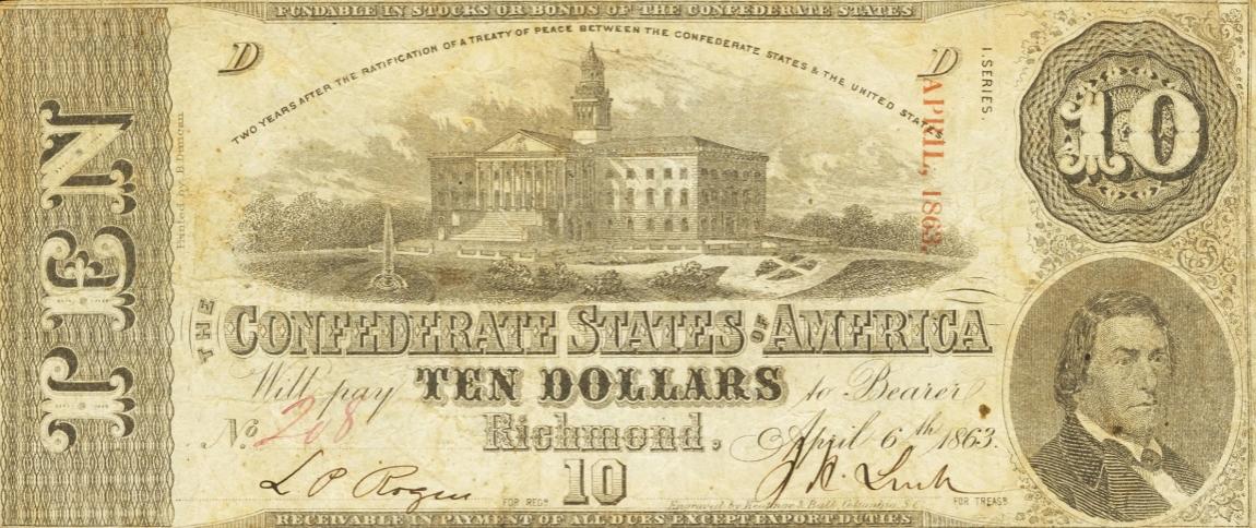 Front of Confederate States of America p60b: 10 Dollars from 1863