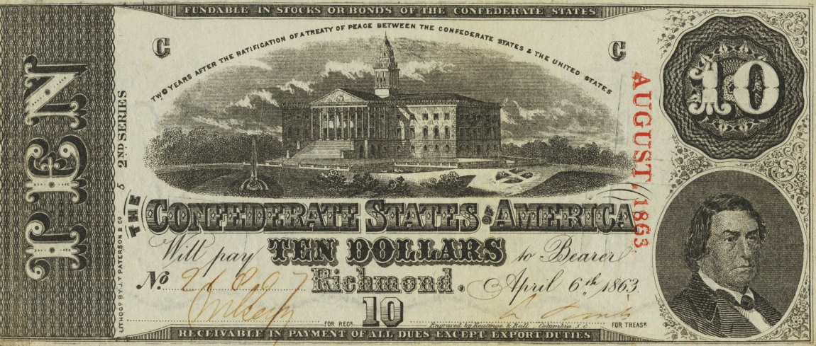 Front of Confederate States of America p60c: 10 Dollars from 1863