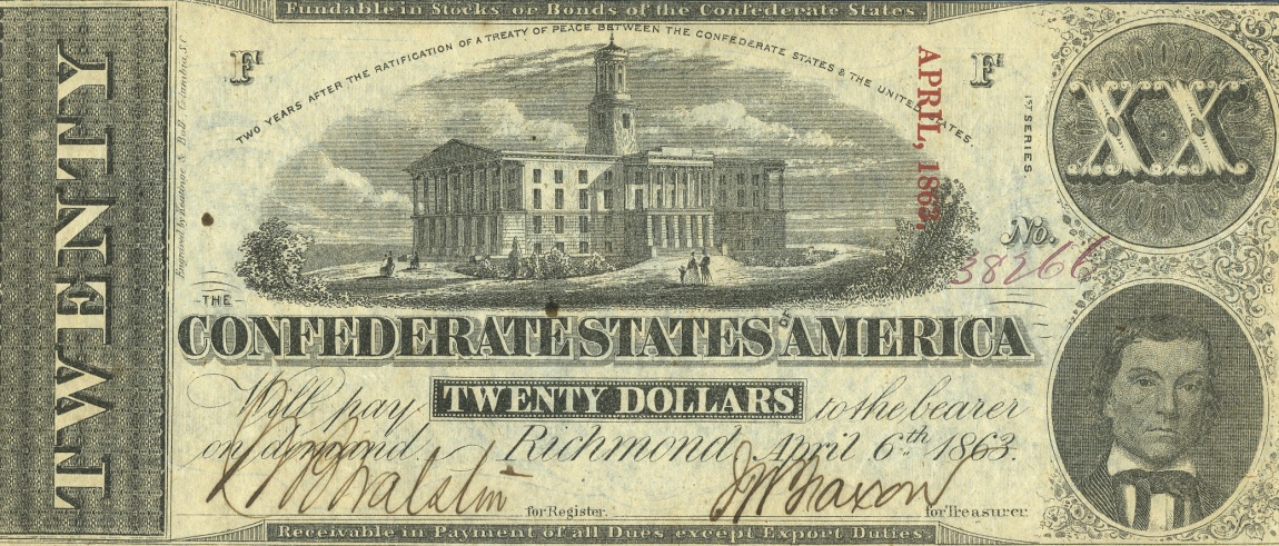 Front of Confederate States of America p61a: 20 Dollars from 1863