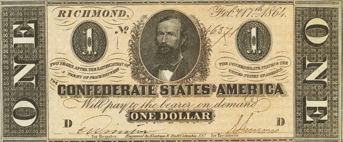 Front of Confederate States of America p65a: 1 Dollar from 1864