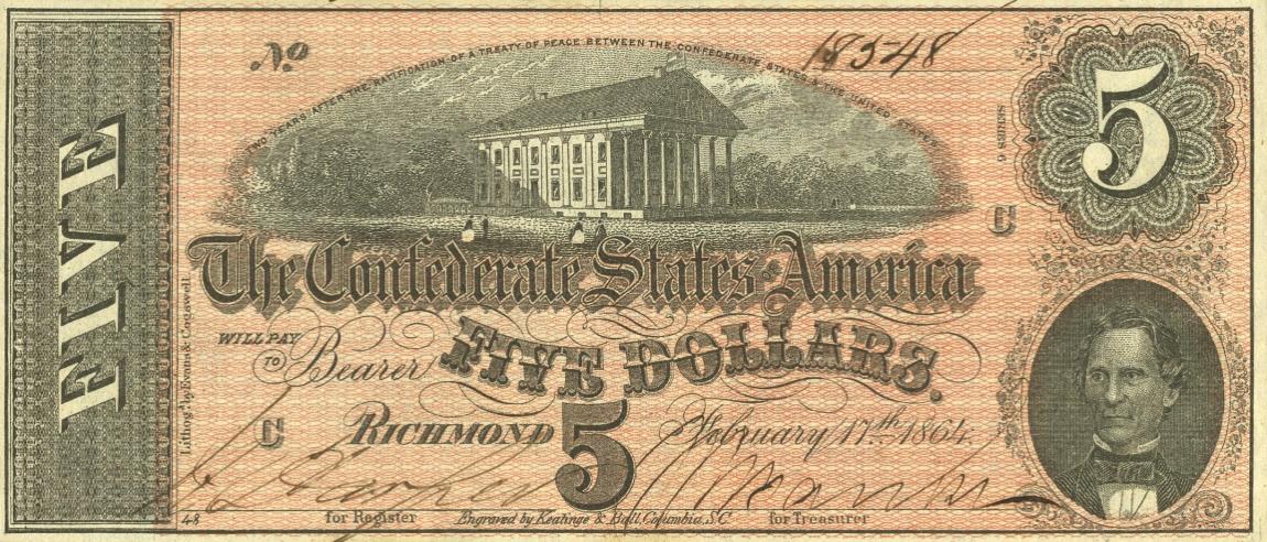 Front of Confederate States of America p67: 5 Dollars from 1864