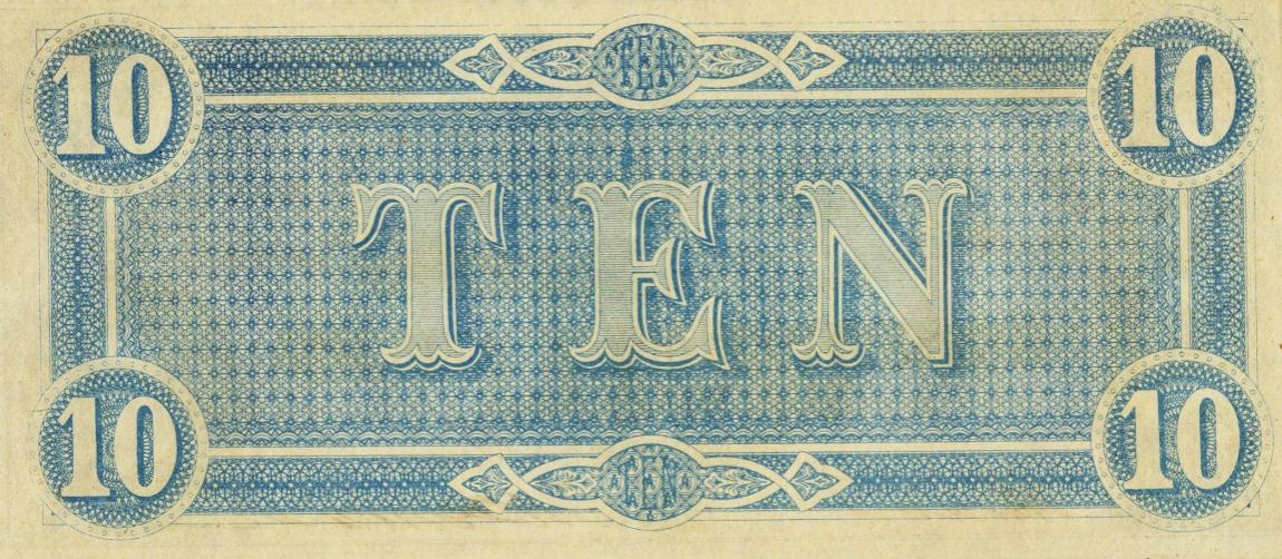 Back of Confederate States of America p68: 10 Dollars from 1864