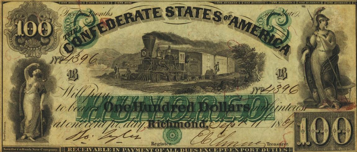 Front of Confederate States of America p6: 100 Dollars from 1861