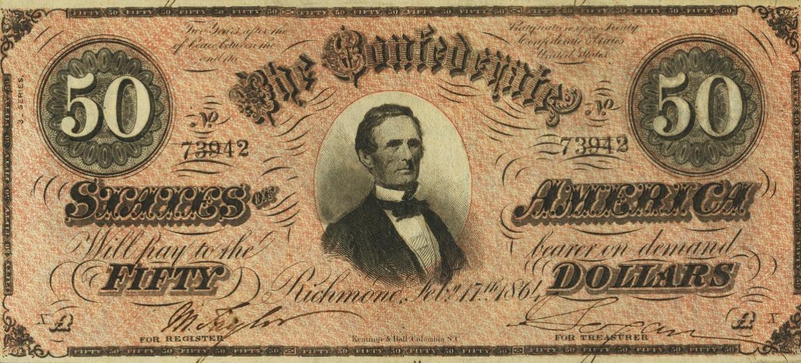 Front of Confederate States of America p70: 50 Dollars from 1864